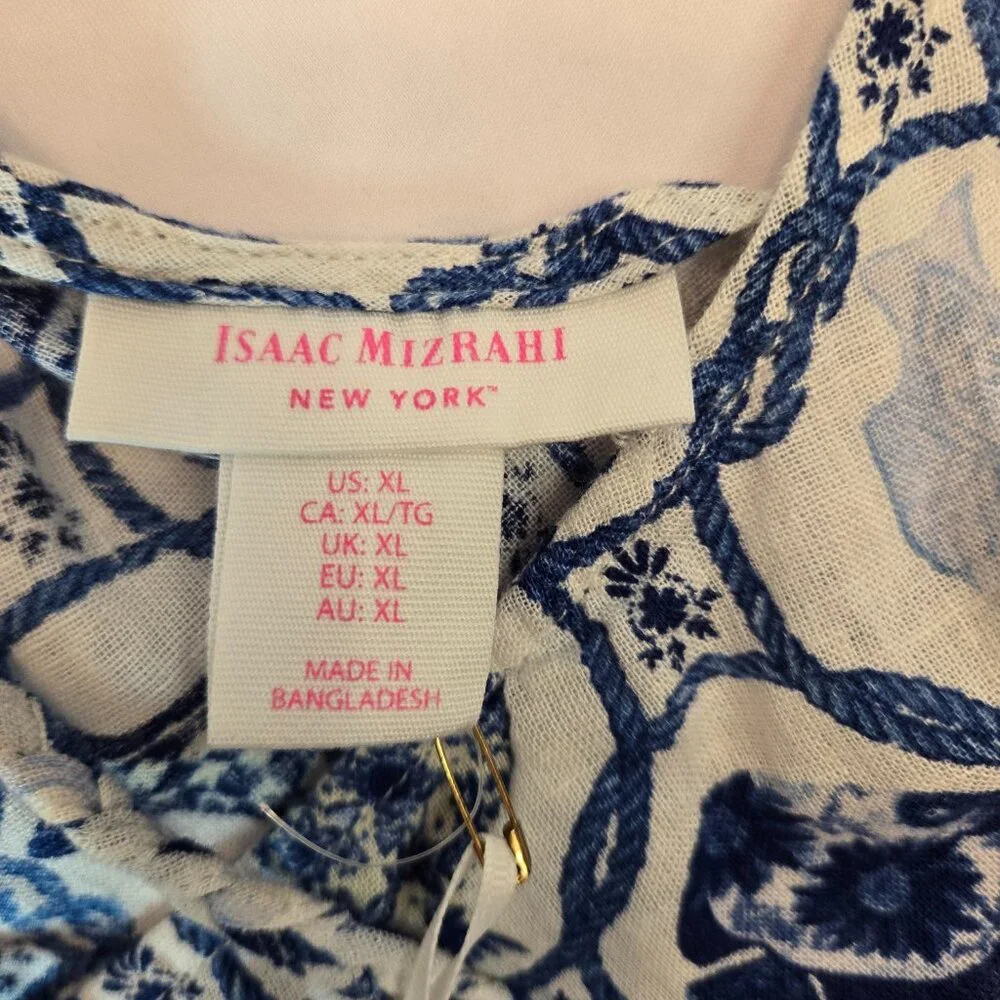 ISAAC MIZRAHI Women Linen Blend Long Dress w/ Pockets / Coverup Sz: XL Blu/Wht